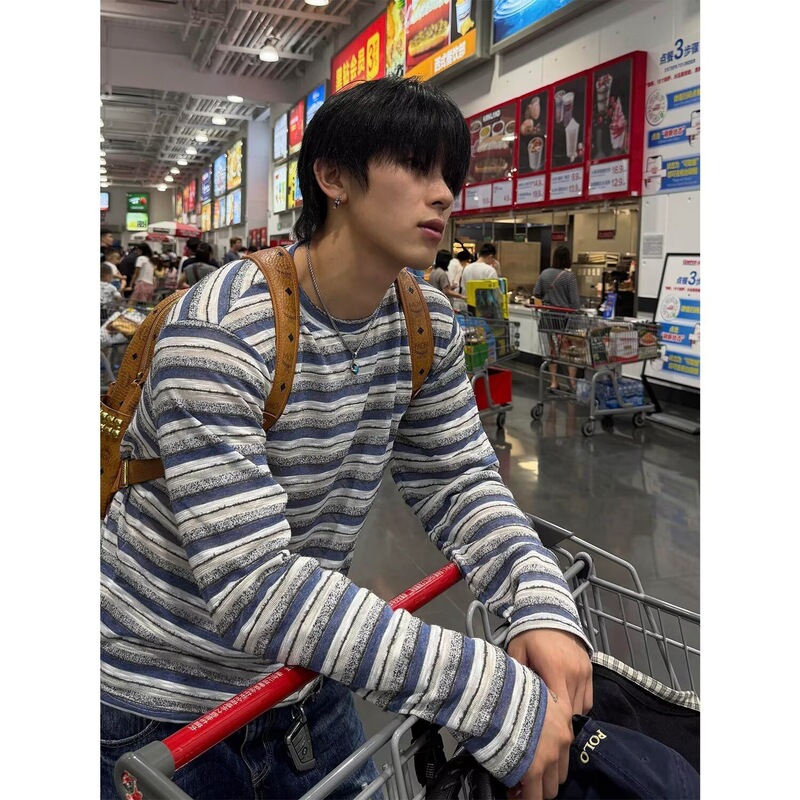 2026 New Versatile Pullover Round Neck Vintage Striped Long Sleeve T-Shirt Casual Loose Top in Coffee Color 2026 New Versatile Pullover Round Neck Vintage Striped Long Sleeve T-Shirt Casual Loose Top in Coffee Color
