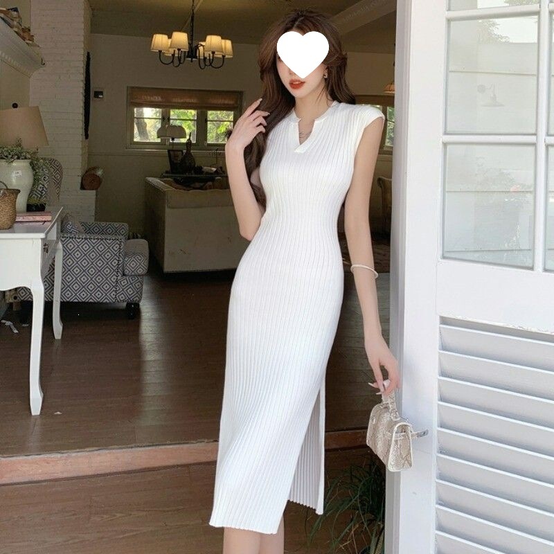 Solid Color Retro Ribbed Knit Dress for Women, New Summer Style, Elegant Waist-Cinching Mid-Length Slit Bodycon Dress Solid Color Retro Ribbed Knit Dress for Women, New Summer Style, Elegant Waist-Cinching Mid-Length Slit Bodycon Dress