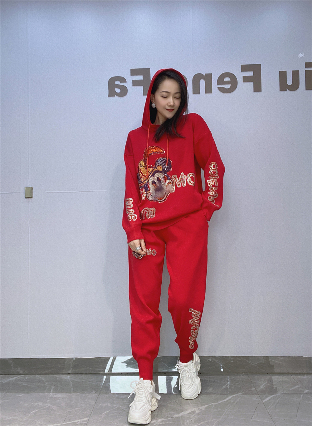 Traje casual con capucha para mujer, primavera y otoño, suéter de punto con diamantes, top de manga larga, talla grande, conjunto completo de pantalones corsés, traje de dos piezas image 7