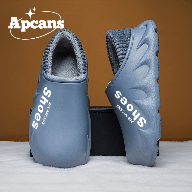 Apcans防水棉拖鞋男冬季加绒保暖防滑包跟棉鞋外穿厚底冬天居家鞋|undefined