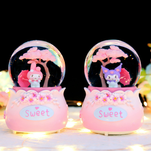 Falling Snow Glowing Music Box Cute Pet Cherry Blossom Tree Rotating Crystal Ball Music Box Desktop Ornament Decoration Gift