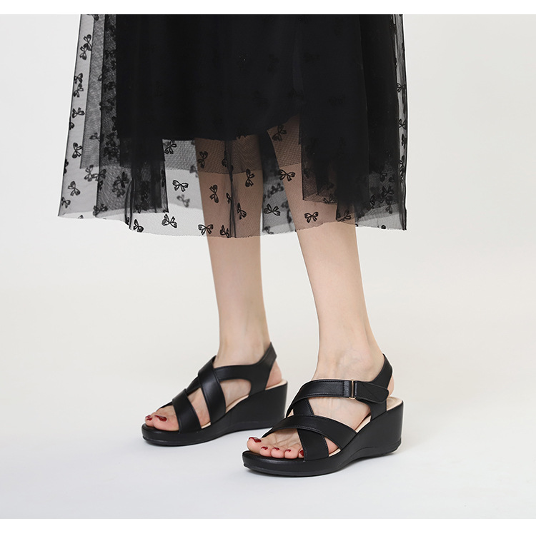 Commuting Wedge Sandals With Cross Straps, Open Toe, Comfortable High Heels, Convenient Velcro Closure, Bohemian Women's_desvips.com
