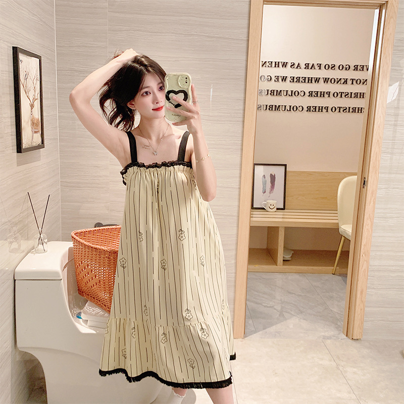 Verano 2024 con cojín de pecho pijama de niñas de algodón cabina pijama suelta dulce estudiante encaje ropa para el hogar