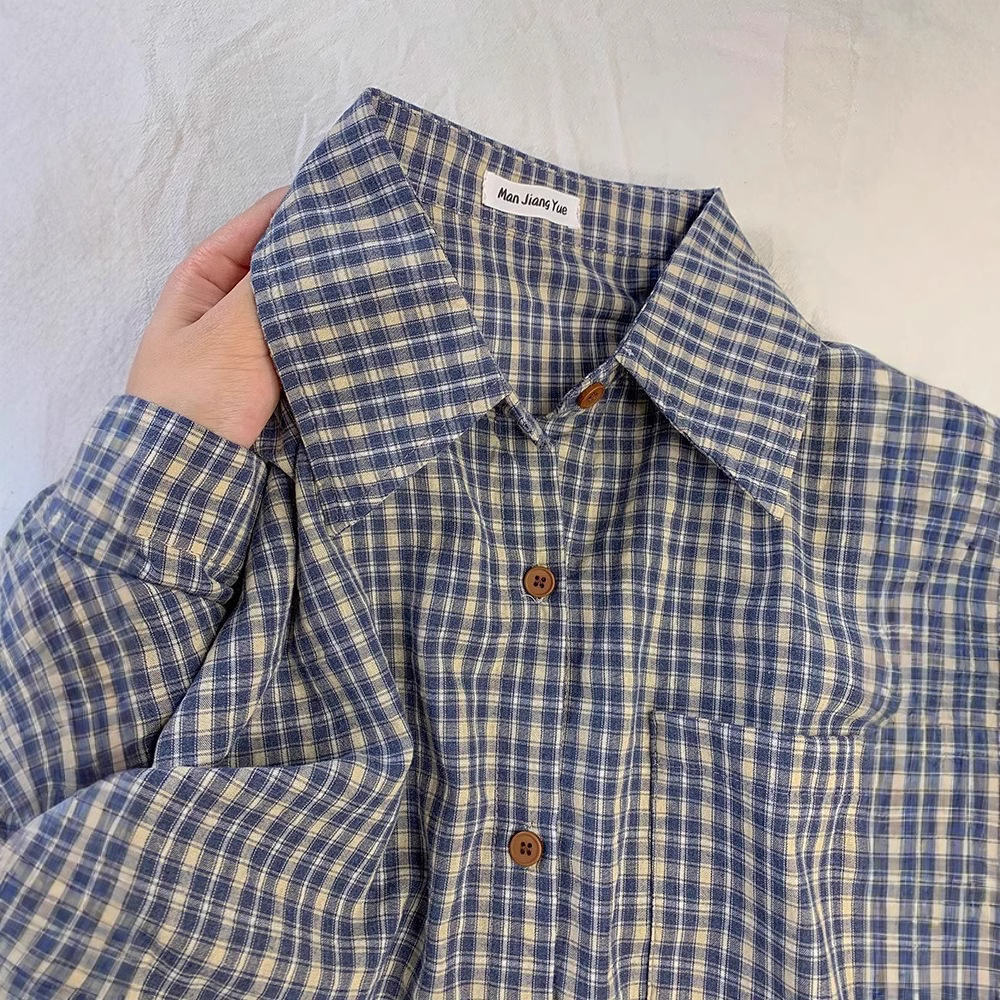 Miaona New Blue Plaid Shirt with Women's Stacked Shirt Niche Comfortable Design Sense Casual Top