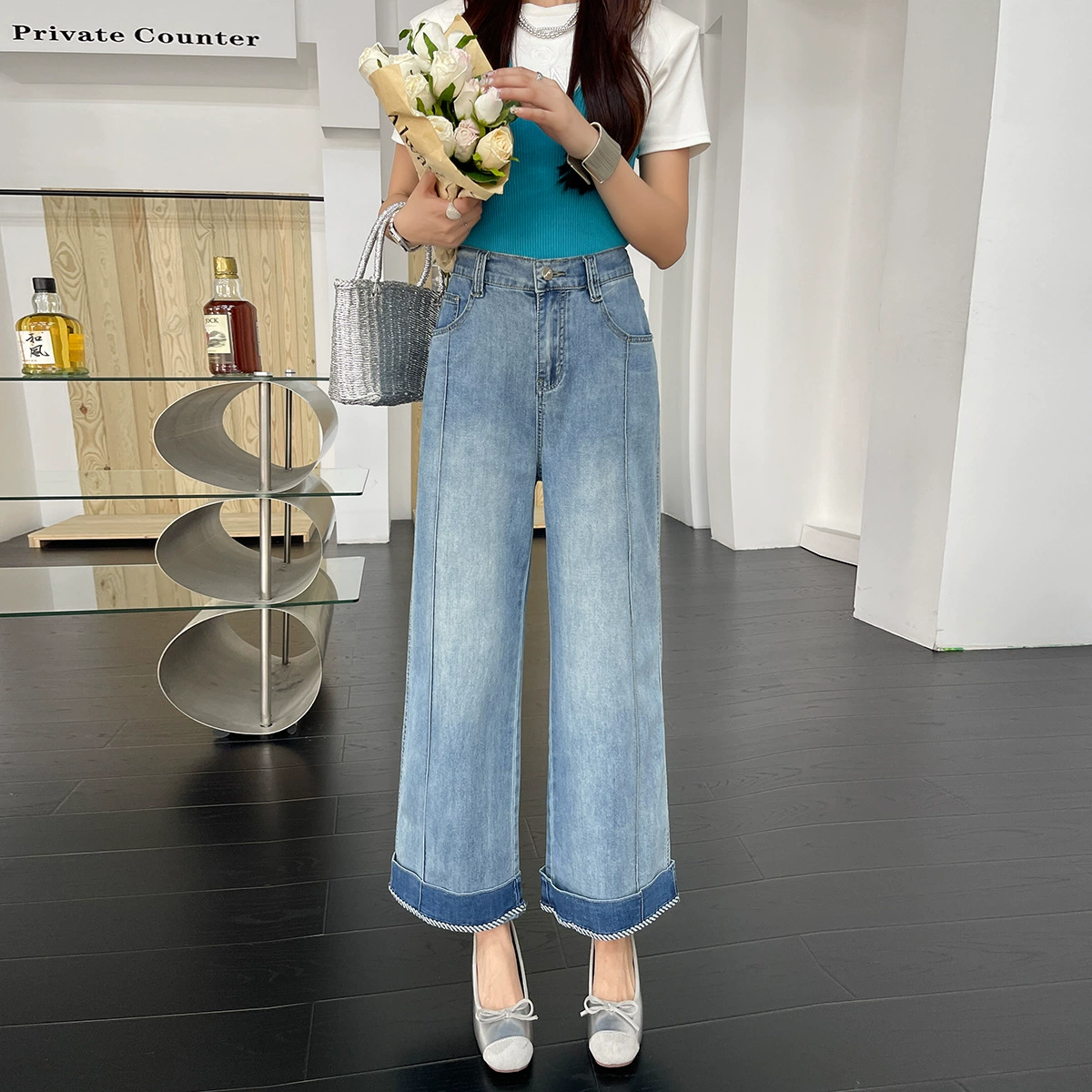 Тонкие джинсы большого размера женский 2025 новое лето жирный MM с высокой талией эластичные брюки прямые брюки женский 8656