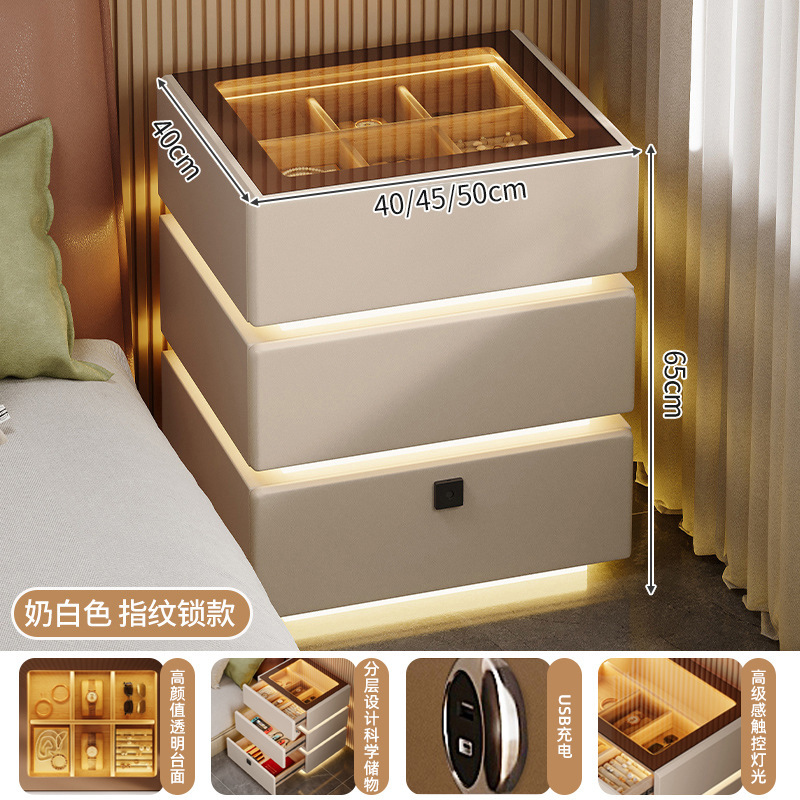 2024 nueva mesita de noche, lujo ligero, vidrio de alta gama con luz, dormitorio principal, precio alto, armario de almacenamiento rojo de Internet