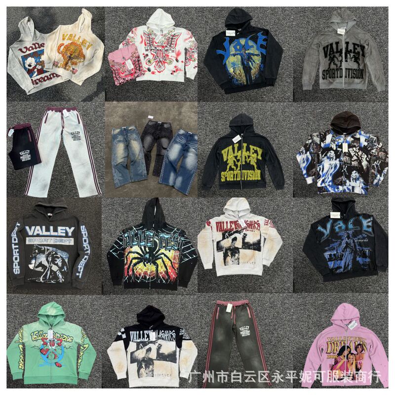 2025 New European and American Cross-Border Valley Hoodie American Trendy Hooded Zipper Sweatshirt Jacket Sports Pants 2025 New European and American Cross-Border Valley Hoodie American Trendy Hooded Zipper Sweatshirt Jacket Sports Pants