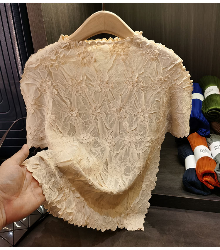 Áo thun nữ tay ngắn cổ tròn chất liệu cotton dập nổi hoa văn nổi cao cấp — Màu đen, Màu đào, Màu trắng, Màu xám chi tiết 14