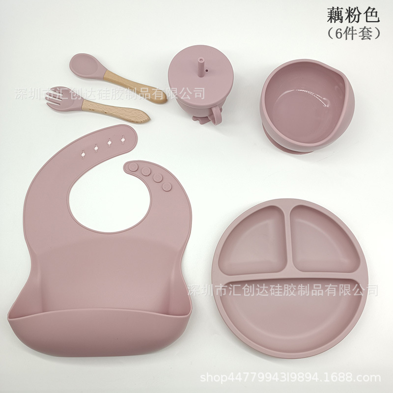 Vajilla de silicona para niños Juego de 6 piezas de silicona para bebés Tazón de alimentos complementarios separados Cuchara tenedor Taza para aprender a beber Juego de vajilla para madres y bebés