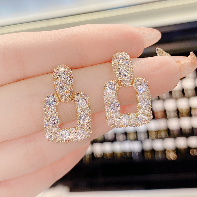 Square geometric small design fashionable trend earrings with zircon