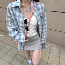 高级感法式蓝色格子衬衫外套女夏季新款2025衬衣独特气质长袖上衣