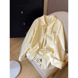 字母刺绣纯棉Polo领衬衫女2025春季韩版宽松翻领插肩袖衬衣