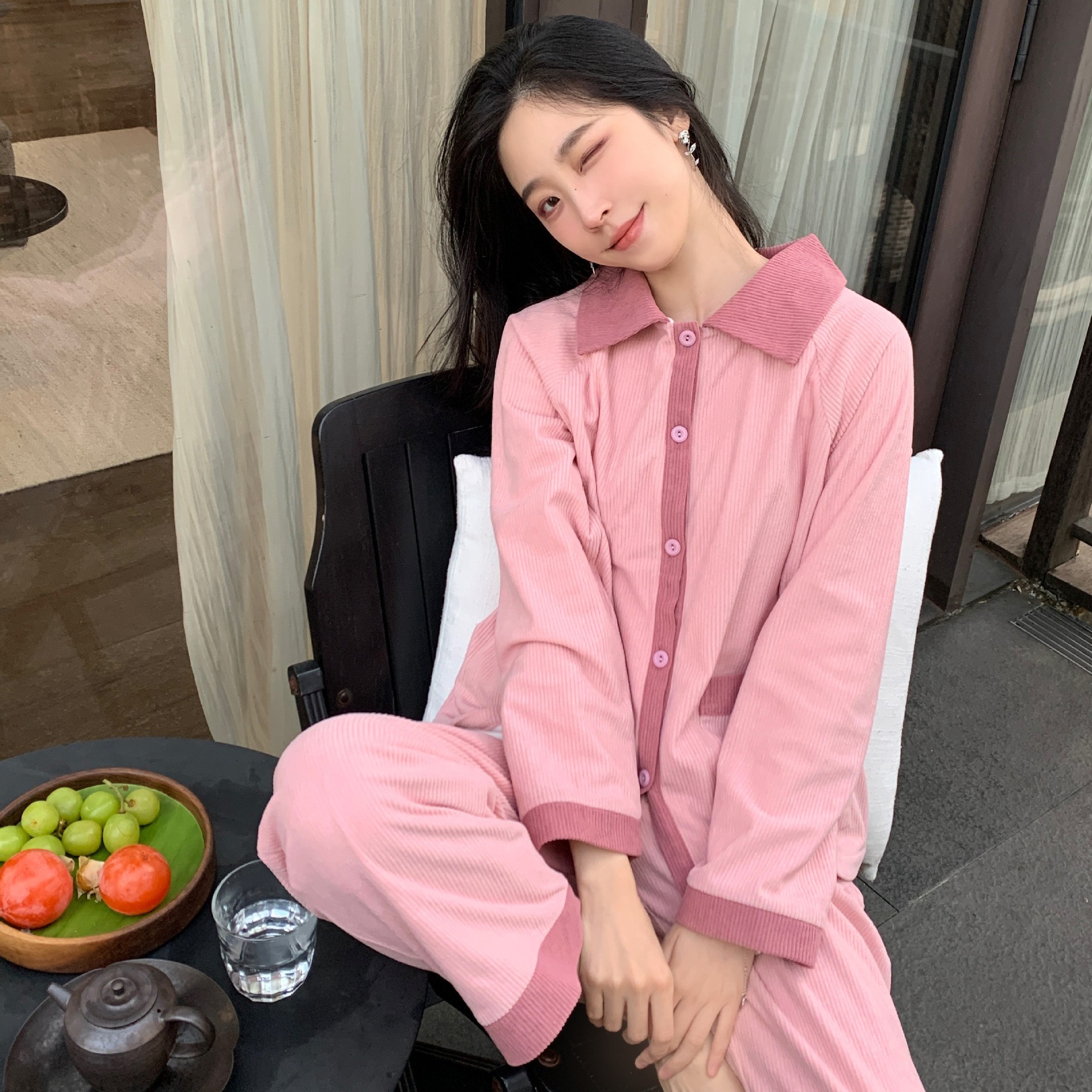재고정리 겨울 신상 여성용 코듀로이 잠옷, 두꺼운 기모 안감으로 보온성 강화, 실버폭스 벨벳 홈웨어, 긴팔 커플 세트