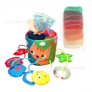 婴儿纸巾盒玩具，有纹理的尾巴，丝纸巾，起皱，吱吱作响 声音，