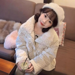 波点甜美短款毛茸茸翻领棉衣外套女学生2025冬季新款加厚保暖棉服