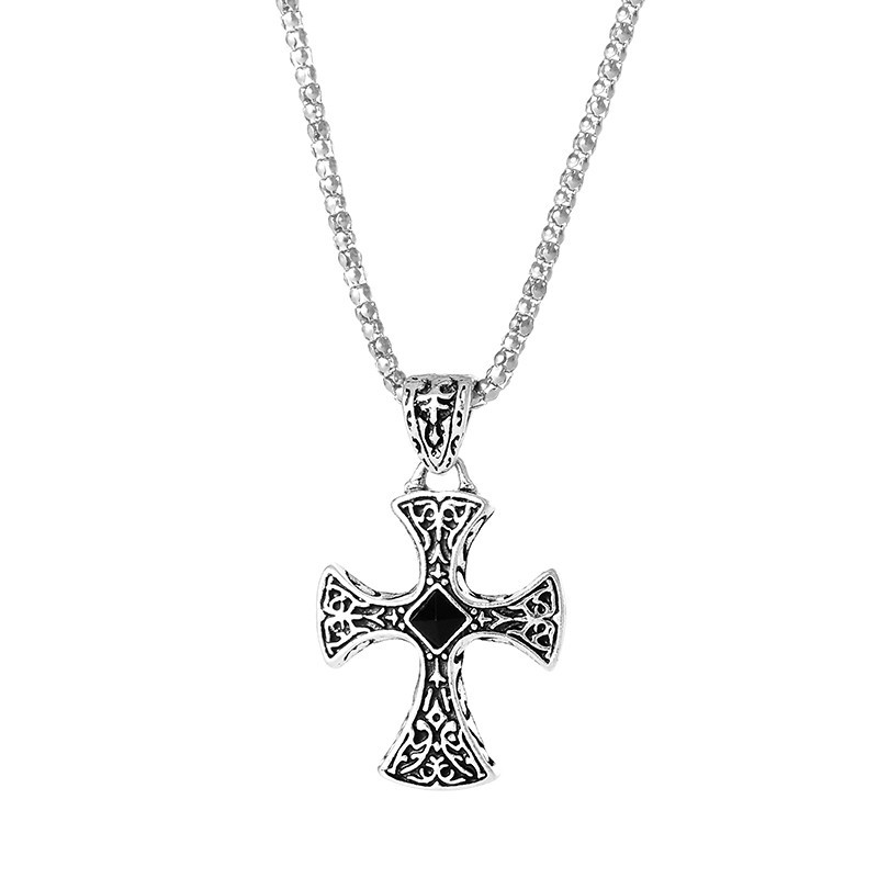New Fashion Black Diamond Cross Personalized Pendant Necklace Trendy Hip Hop Punk Jewelry Sweater Chain_voghion.com