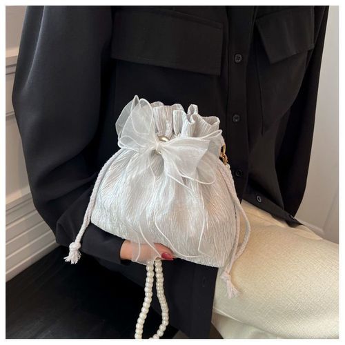 Niche fashion high-end bow crossbody bag autumn and winter new style simple and versatile one-shoulder bucket bag pearl small bag