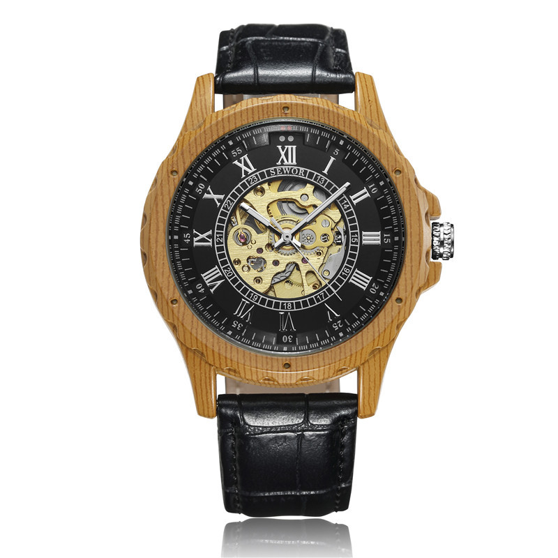 SEWOR hombres de negocios reloj mecánico automático de madera correa de cuero hueco transparente inferior mecánico reloj de madera maciza 001