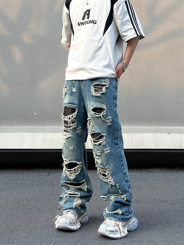 Light-colored ripped jeans men vibe High Street straight loose wide-leg destroyed beggar trousers cleanfit pants Light-colored ripped jeans men vibe High Street straight loose wide-leg destroyed beggar trousers cleanfit pants