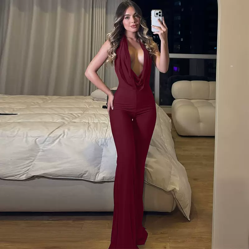 欧美女装2025秋季新品纯色荡领绑带挂脖性感露背修身连体裤女批发