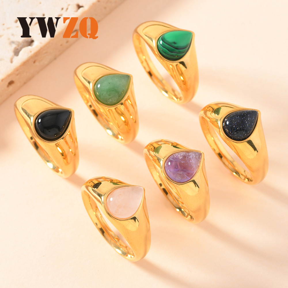 Anillo de acero de titanio de moda europea y americana mujer no se desvanece fundición de gota de agua anillo de piedra natural joyas de lujo al por mayor