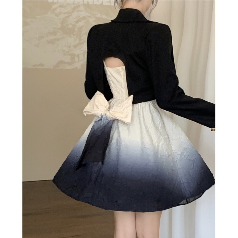 Real shot autumn fashion new elegant temperament design sense two-piece set back hollow out suit jacket sling
