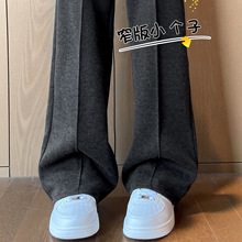 黑色人字纹毛呢阔腿裤女2026新款春秋薄款羊毛裤小个子窄版直筒裤