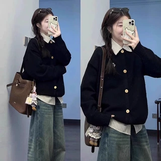 韩系拼接衬衫领假两件毛衣女秋冬polo领高级感慵懒学院风针织开衫