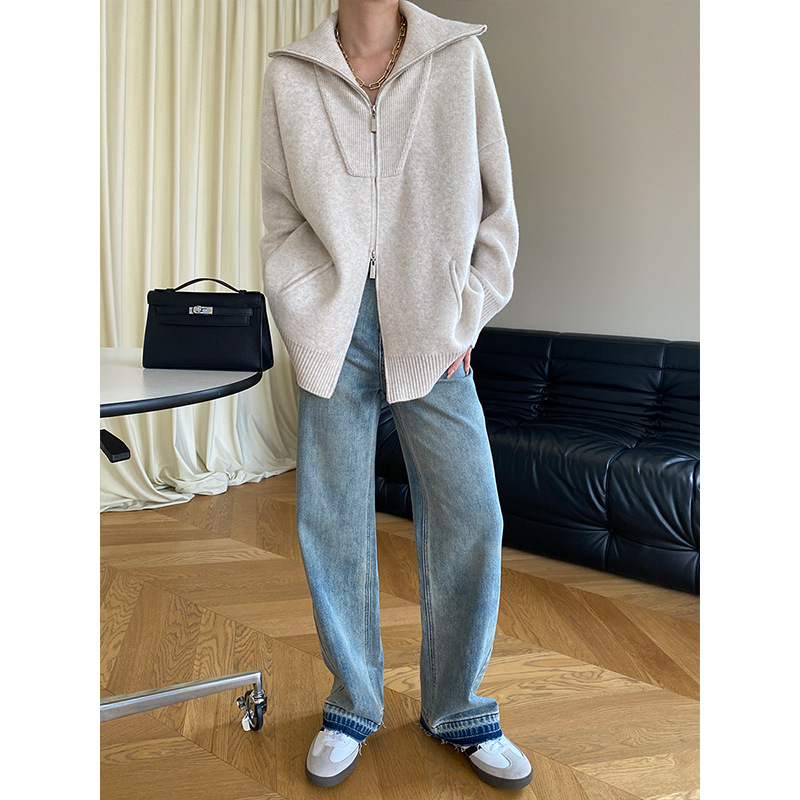 Sinan doble cremallera perezoso moda gran perfil suelto solapa de punto suéter cardigan SN4084
