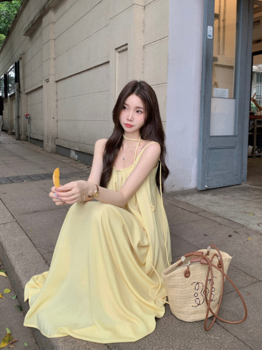 Original Version Style: Seaside Vacation Style Yellow Strap Dress for Women Summer Loose Casual Beach Dress Fairy