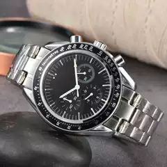 2023 New Stainless Steel Band Quartz Multi-Function Waterproof Watch with 6-Hand 3-Eye Chronograph Dial, Circular Design for DHgate Resellers