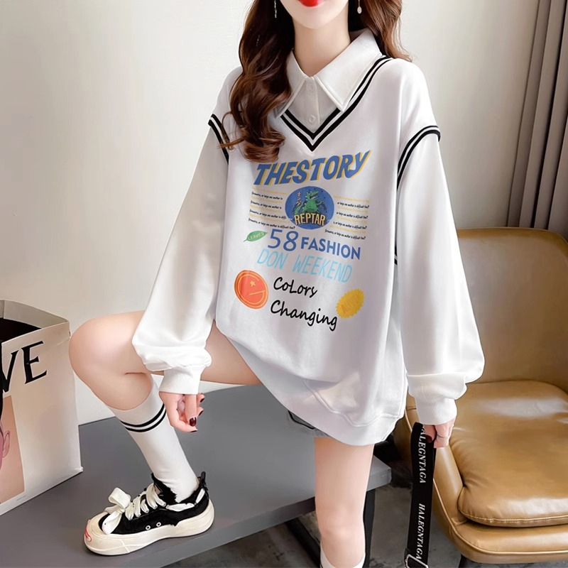 長袖Tシャツ 女の子用 2025年春夏新作 中学生・高校生 カレッジ風 フェイクツーピース 薄手ポロスウェットシャツ|undefined
