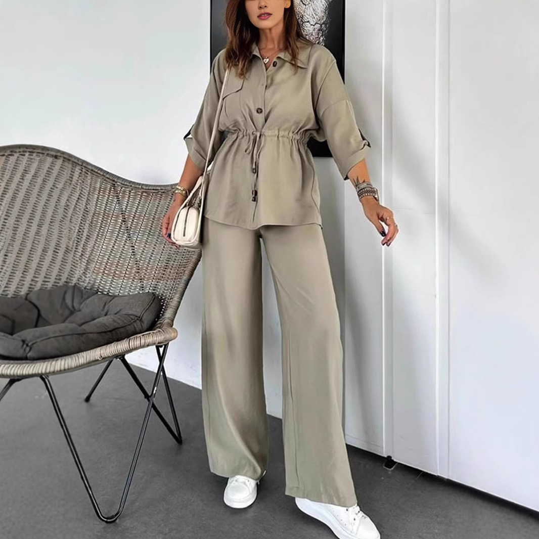Women's Autumn Solid Color Casual Button Drawstring Loose Suit European And American Style_ecoleips.com