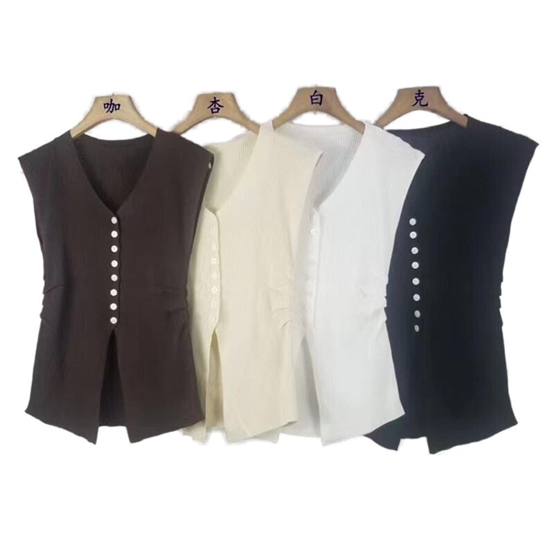 Summer New Elegant French V-neck Sleeveless Ice Silk Knitted Mid-length Buckle Pleated Waist Split Top for Women