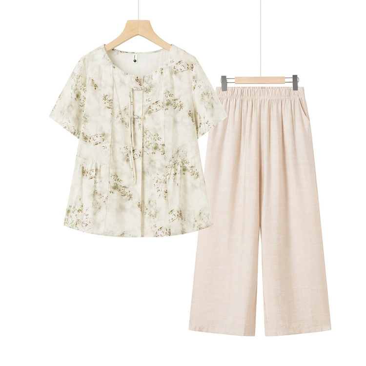 Повседневный костюм иностранная мама летняя мода 2024 новый принт темпераментный топ широкие брюки женские два комплекта