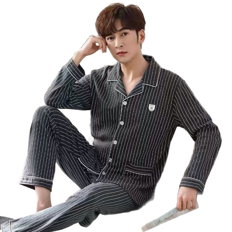 2025 pijamas casuales primavera / otoño / invierno cardigan de manga larga ropa de casa otoño / verano de mediana edad más grande set de hombre de mediana edad