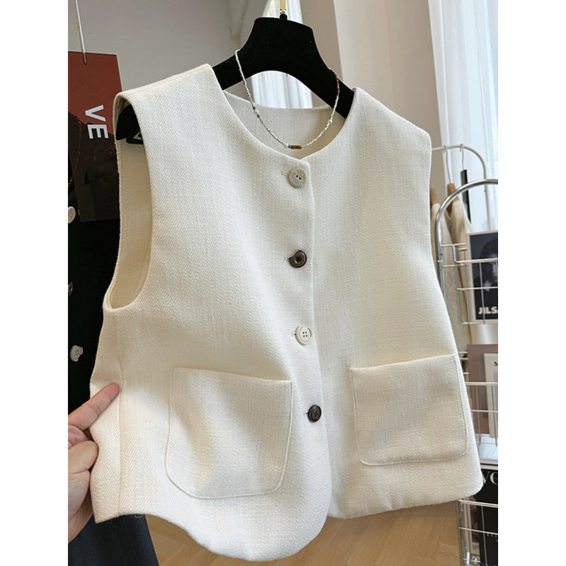 Áo vest nữ không tay dáng gile cổ tròn phối lớp phong cách Pháp — đen, Màu trắng nhạt chi tiết 3