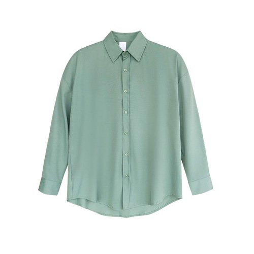 Minimalist Korean INS-style vintage drape wrinkle-resistant green and white shirt for men and women, long-sleeved, cool and stylish Korean version, loose fit