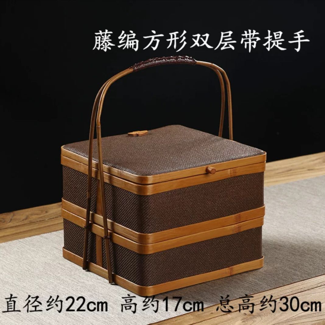 藤编收纳盒家用多层圆形复古餐食盒提篮便携茶具收纳纯手工竹编
