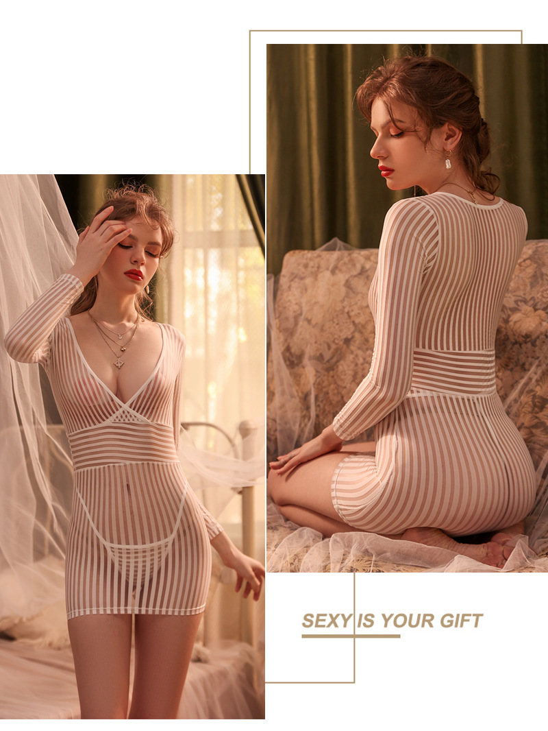 Striped Secretary Roleplay Lingerie Set with Sheer Long-sleeve Top, Mini Skirt and Thong — detail image 21