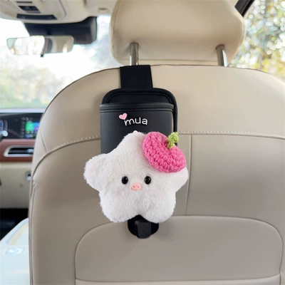 Car cup holder/beverage holder | cup holder for women - black-leather-cup-holder-with-hook-and-five-pointed-star-rose-red-beret