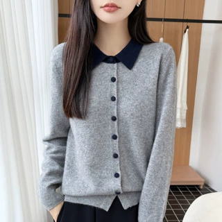 2026年秋冬新款纯羊毛翻领针织开衫长袖女拼色宽松保暖羊毛衫上衣