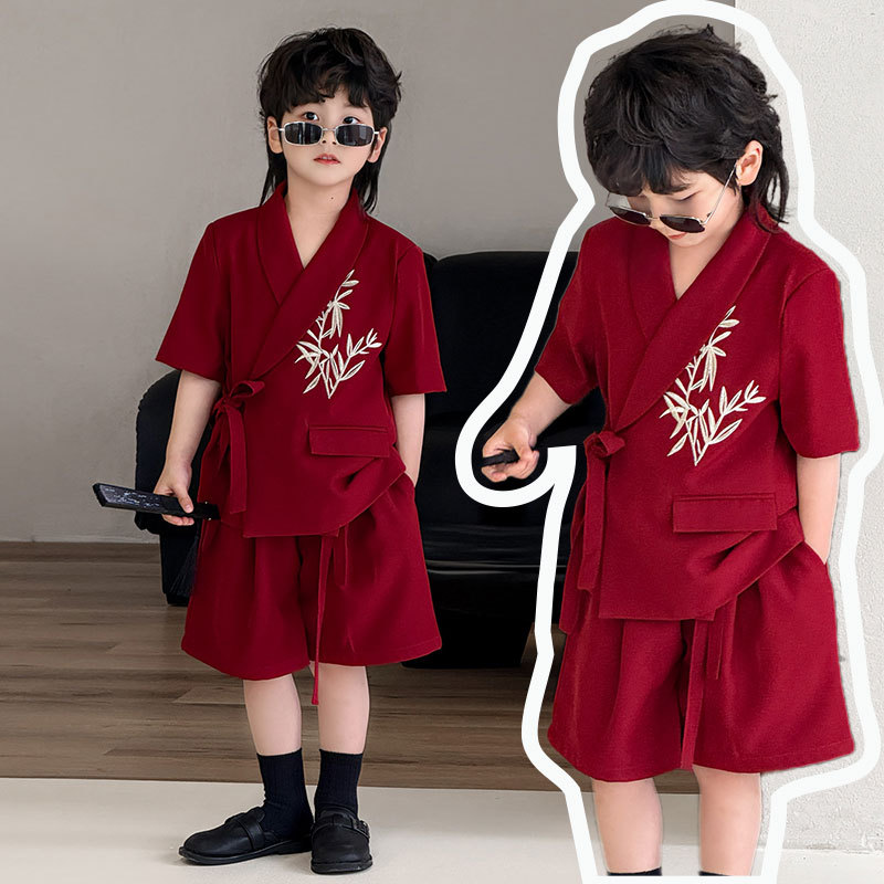 Children's wear suit 2025 summer new children's small suit short sleeve shorts bamboo leaves embroidered boys a generation of hair tide