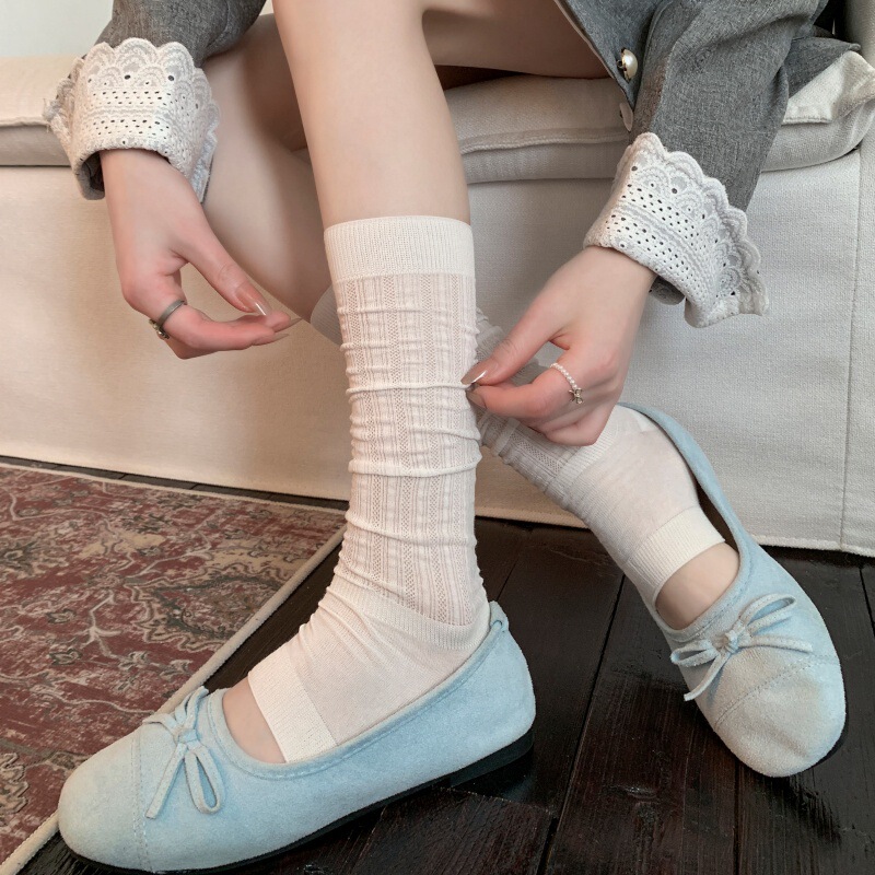 White Ice Silk Socks for Women, Mid-Calf Length, Summer Thin Style, Breathable Mesh, Korean and Japanese Style, Lace Long Socks