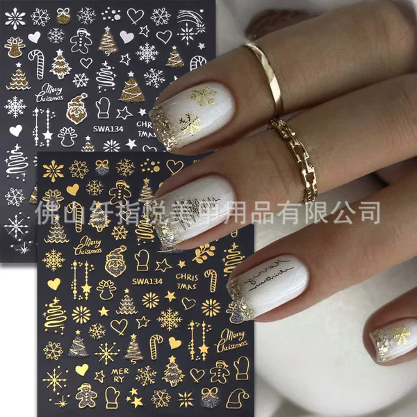Cross-Border New Christmas Nail Art Stickers Wholesale Ins Hot Stamping Silver Snowman Snowflake Elk 3D Adhesive Nail Stickers