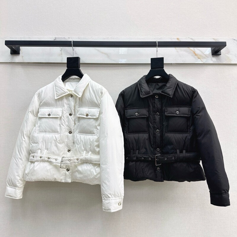2025 New Autumn and Winter Lapel Simple Waist-Cinching down Jacket for Women with Belt Waist-Cinching
