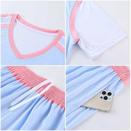 Women's Outdoor Pink Sport Running Fitness Training Short-Sleeve Basketball Jersey Set with Printed Word