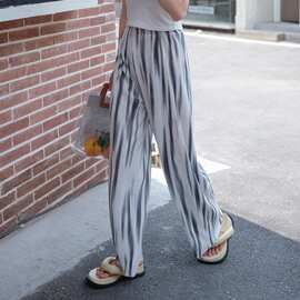 大码女装扎染百褶阔腿裤新款时尚条纹休闲裤子女韩版宽松百搭长裤