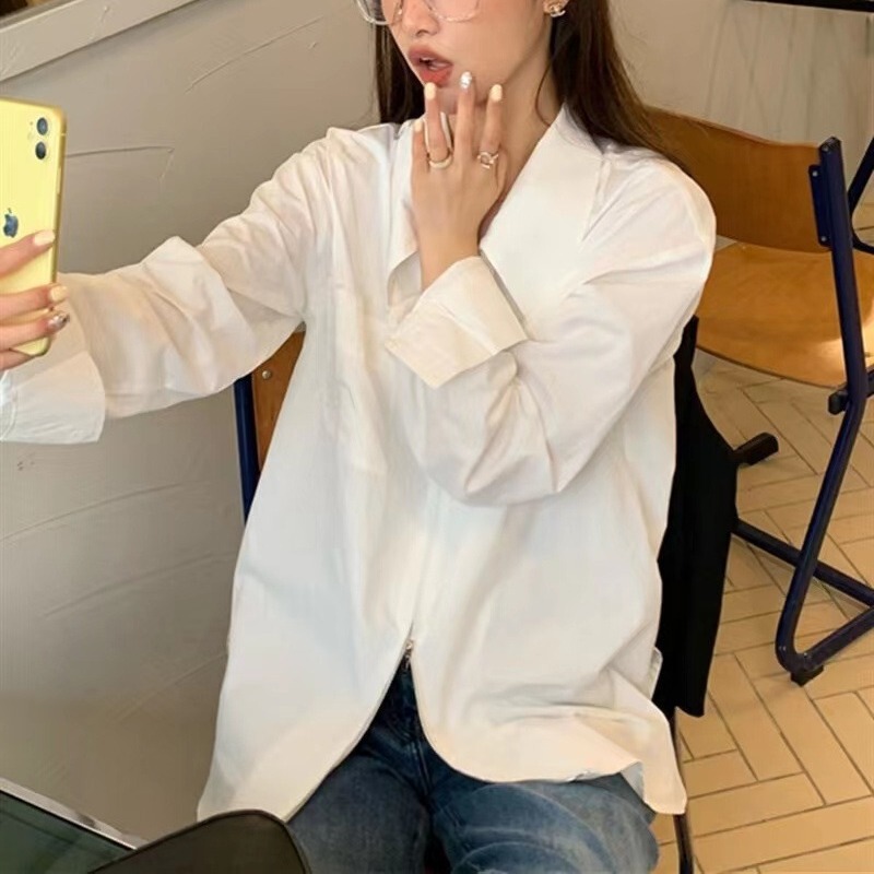Spring and Autumn French design zipper white POLO collar long-sleeved shirt women's clothing niche inner shirt bottoming top