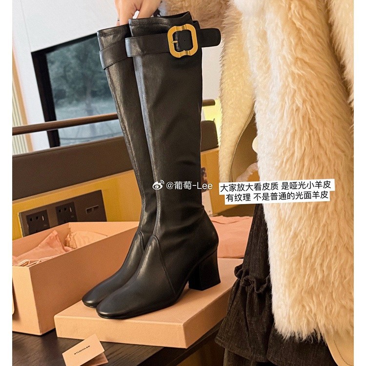 葡萄妈同款现货~ 7cm粗跟~ 张元英同款金扣半拉链粗跟长筒骑士靴